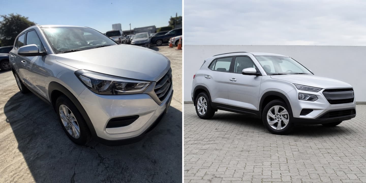Comparação ilustrativa do mesmo SUV prateado: à esquerda, foto próxima e distorcida sob luz dura e fundo cheio; à direita, carro inteiro em enquadramento nivelado, luz difusa e fundo neutro