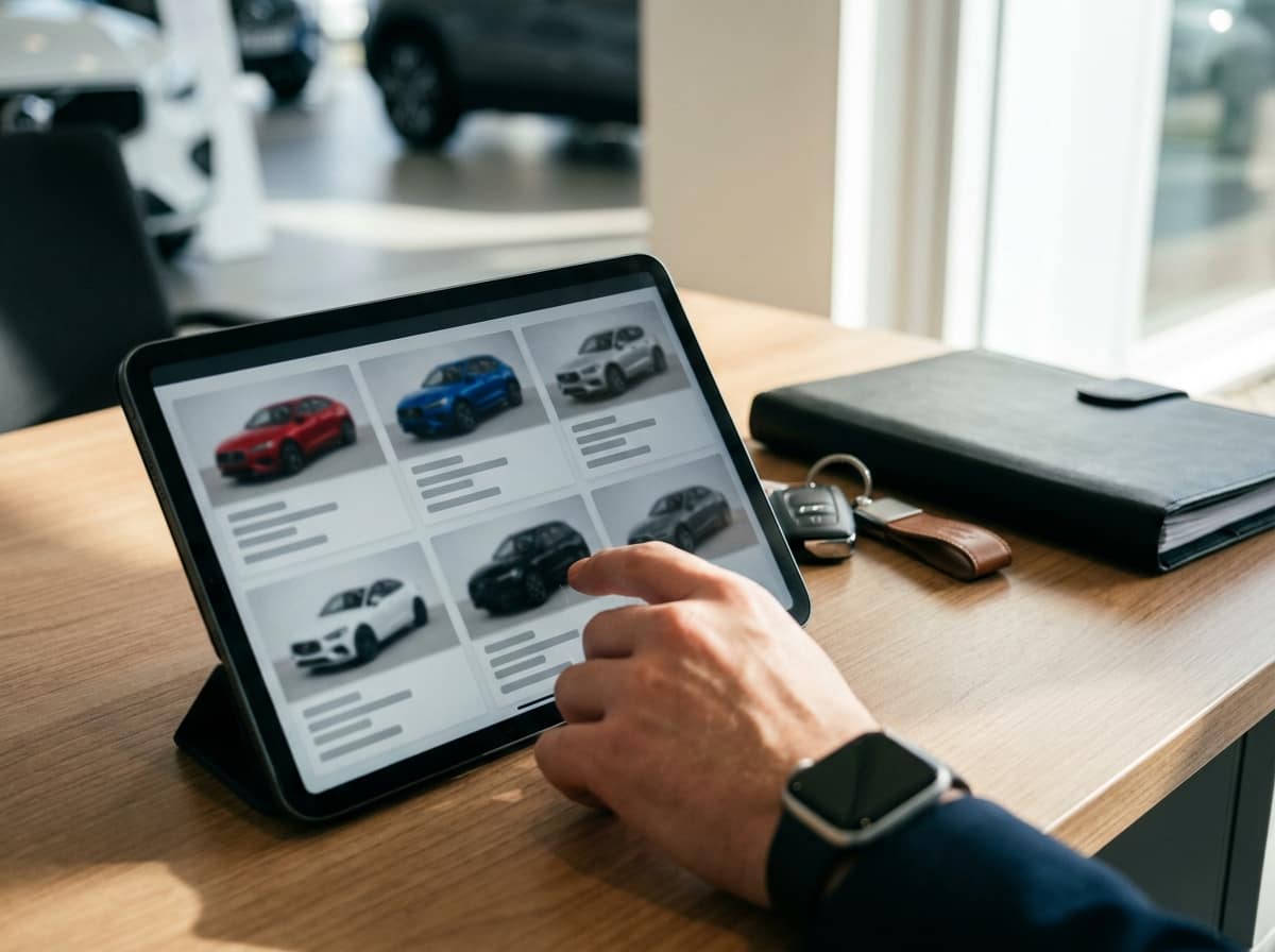 Pessoa consulta em um tablet uma grade ilustrativa de anúncios de veículos